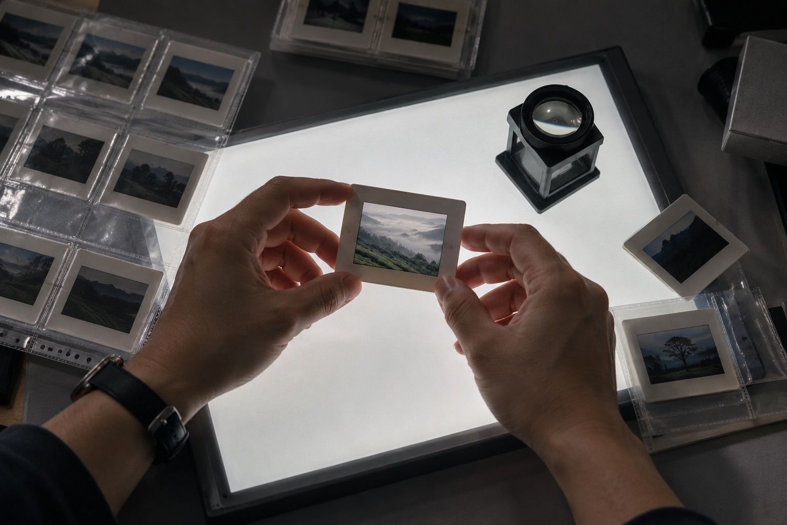 Hands holding a medium-format transparency over a glowing light table, a loupe beside it