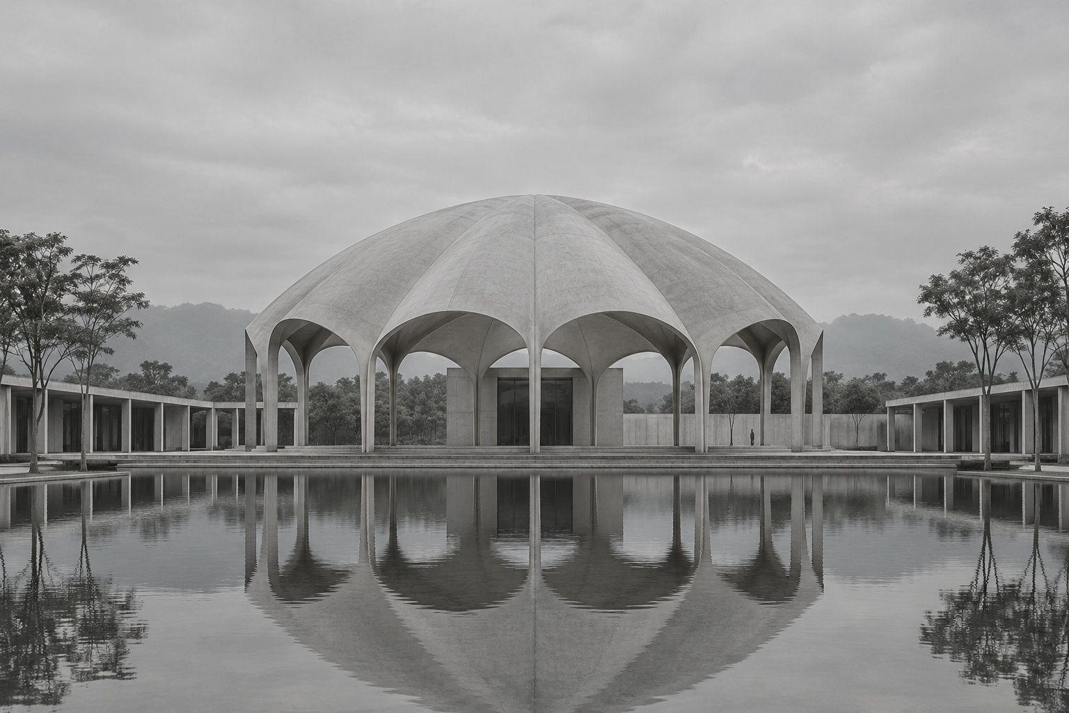 Black and white modernist hall with a shallow folded concrete dome mirrored in a pool
