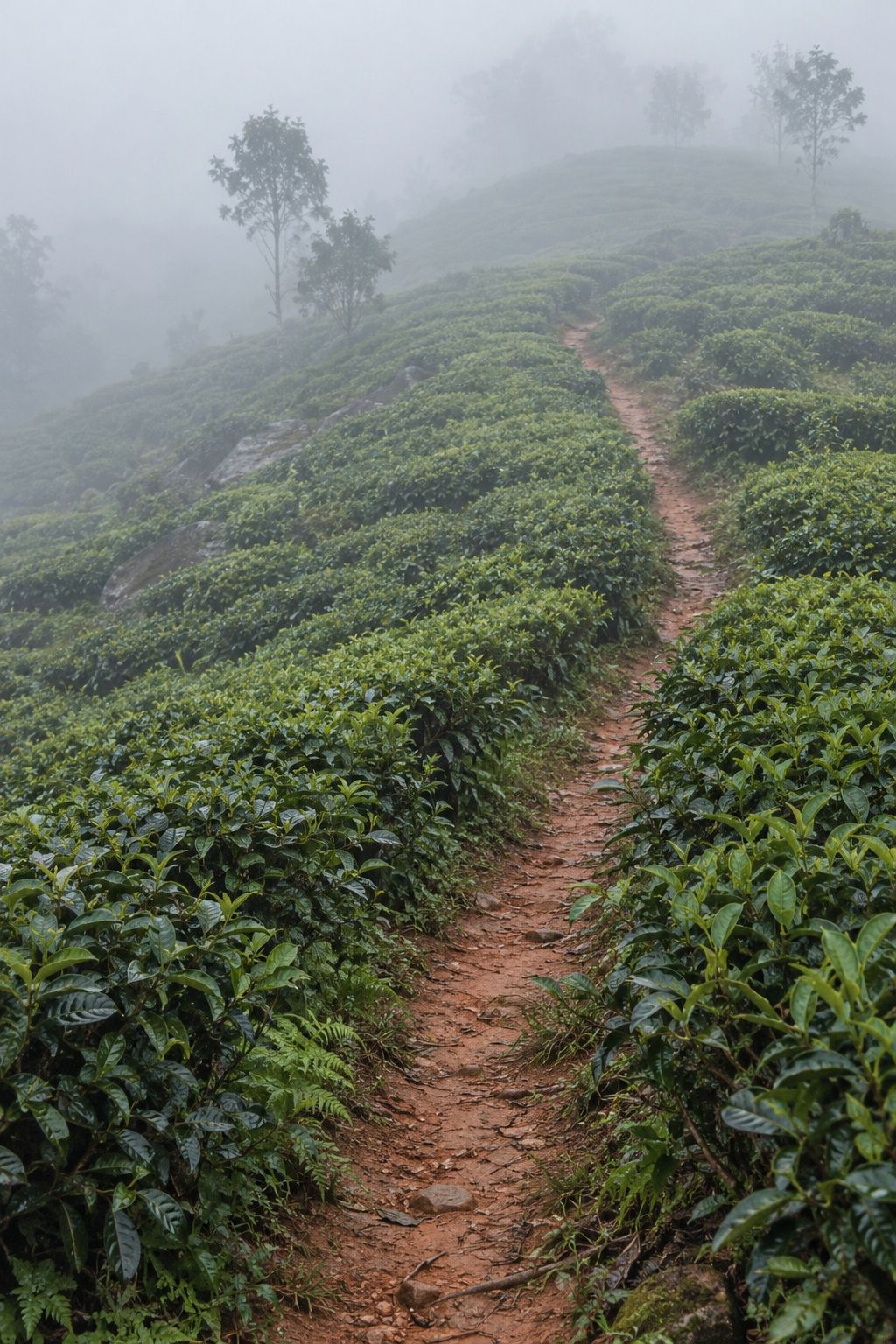A red earth footpath winding up between tea bushes and vanishing into fog
