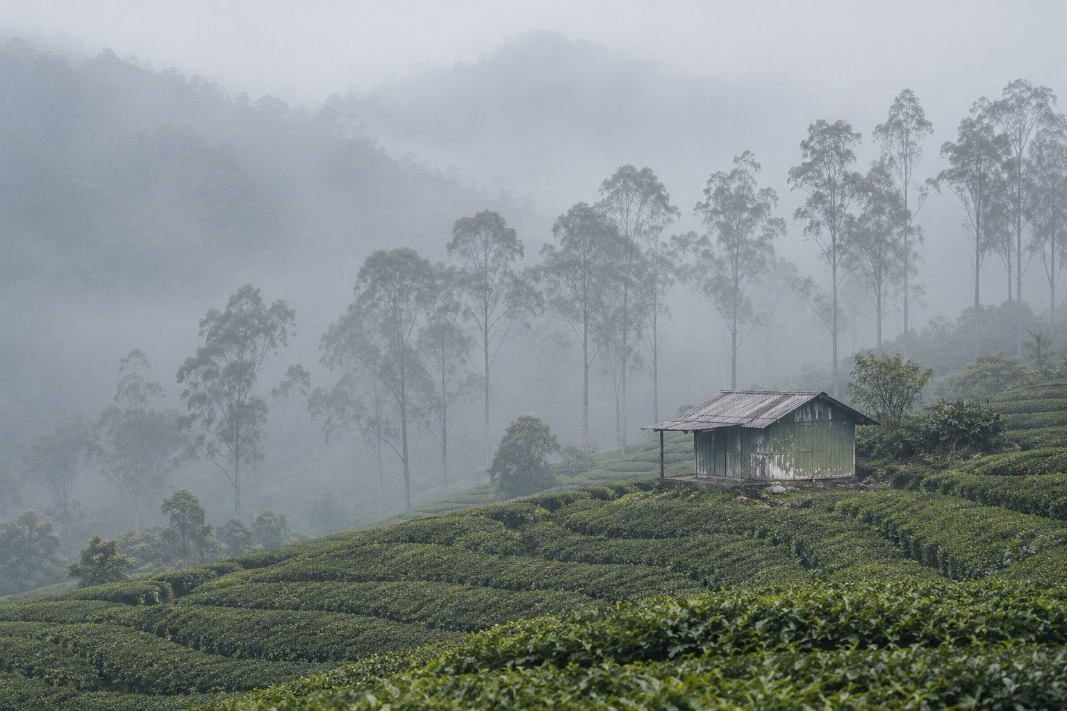 A small corrugated-roof shelter among tea rows on a foggy hillside, tall trees behind