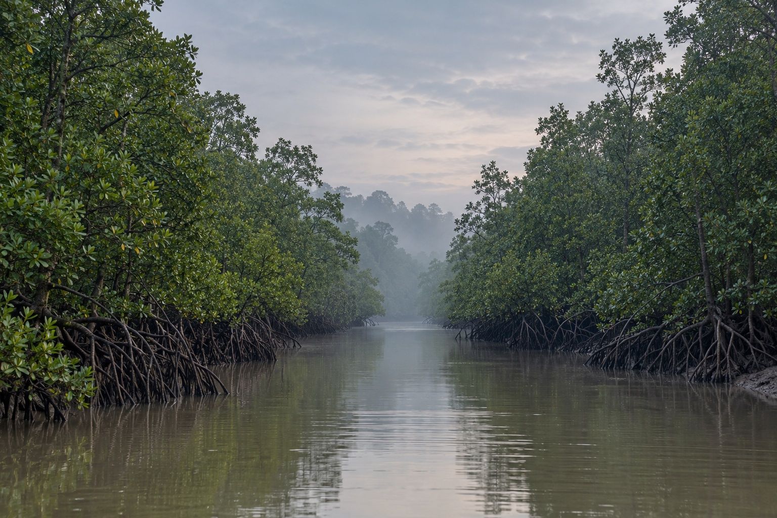 A narrow channel running straight into misty distance between two walls of mangrove trees at dawn