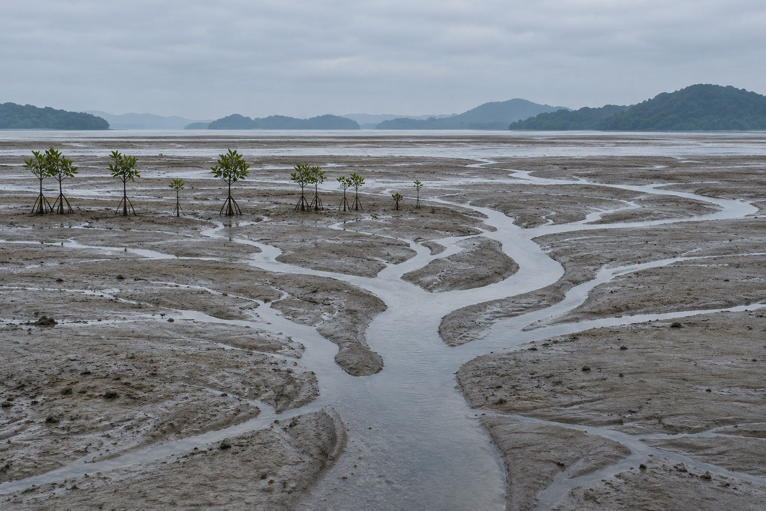 Branching silver water channels cutting through grey mud at low tide, a row of mangrove seedlings